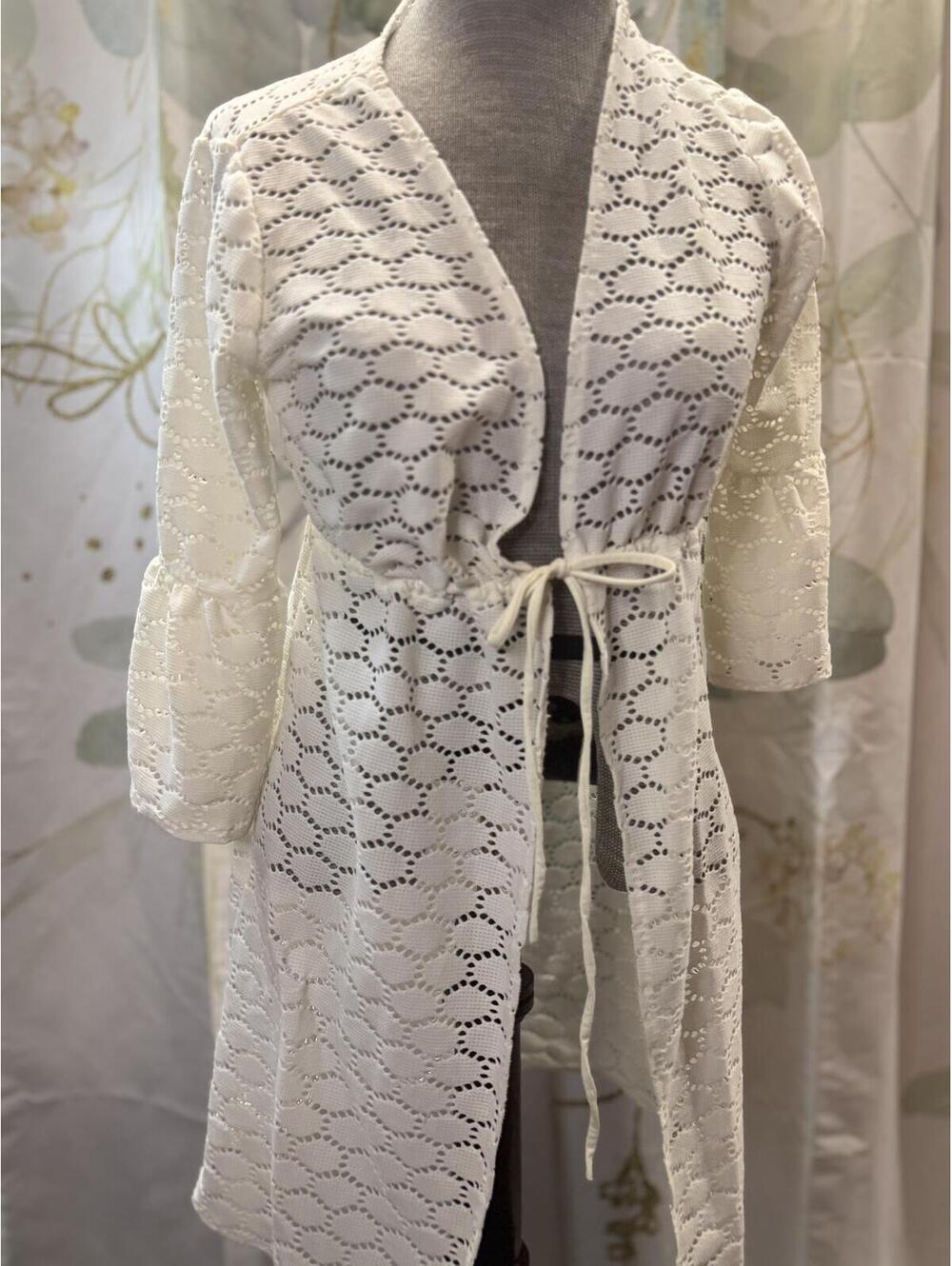 Jantzen White Lace Open Front Cardigan swim cover with Tie Waist S
